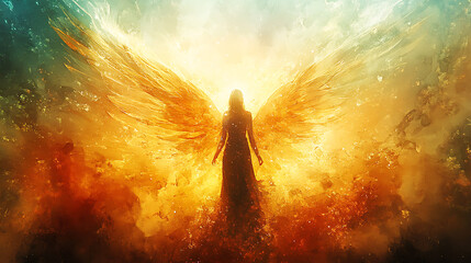 A radiant angel appearing through a beam of divine light, surrounded by warm celestial glow, serene and sacred atmosphereDigital Watercolor painting