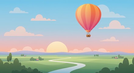 Fototapeta premium Hot Air Balloon Sunset Landscape Peaceful River Valley Scene