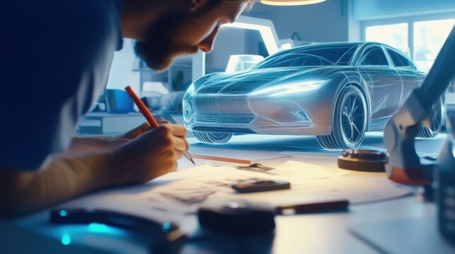 An automotive designer in a car design studio sketching concepts for an electric vehicle, surrounded by design sketches and digital modeling tools, Electric vehicle design studio scene