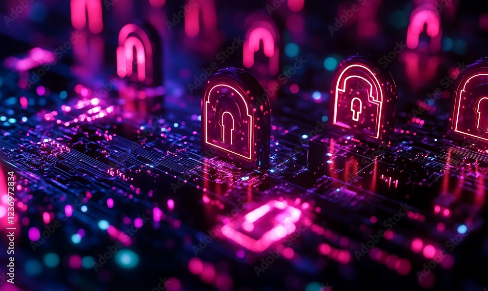 Aufkleber neon glowing padlock icons on a circuit board representing cybersecurity and data protection.