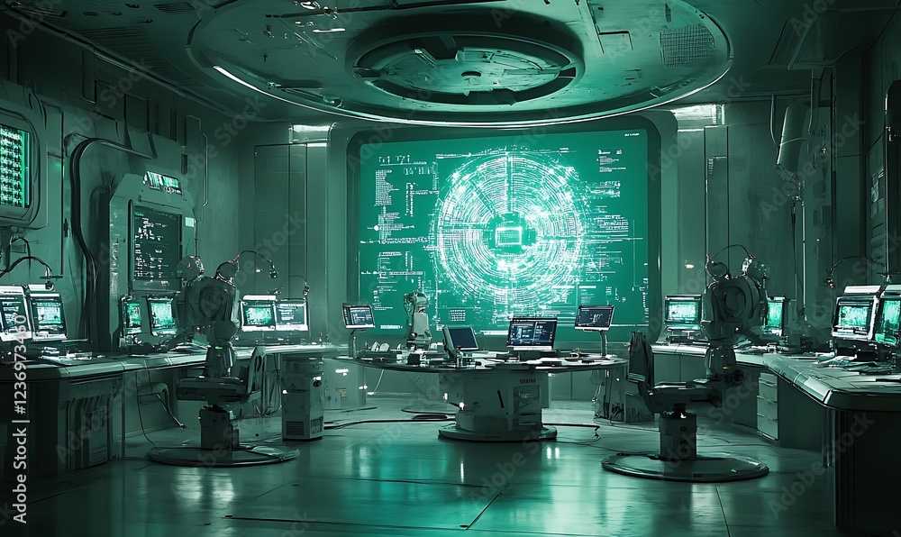 Poster futuristic control room with robotic operators monitoring data on large screens.
