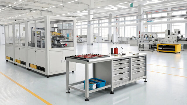 Bright fluorescent lights illuminate a spacious and modern manufacturing plant with clean white floors and tidy workstations. Industrial machinery and equipment are systematically arranged.AI