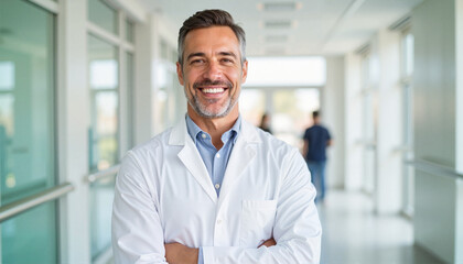 Fototapeta premium Smiling doctor standing confidently in hospital hallway, professional care