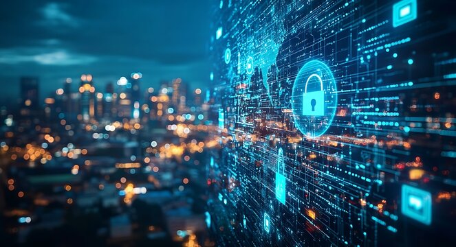Global cybersecurity digital network with padlock icons over blurred city lights at night.