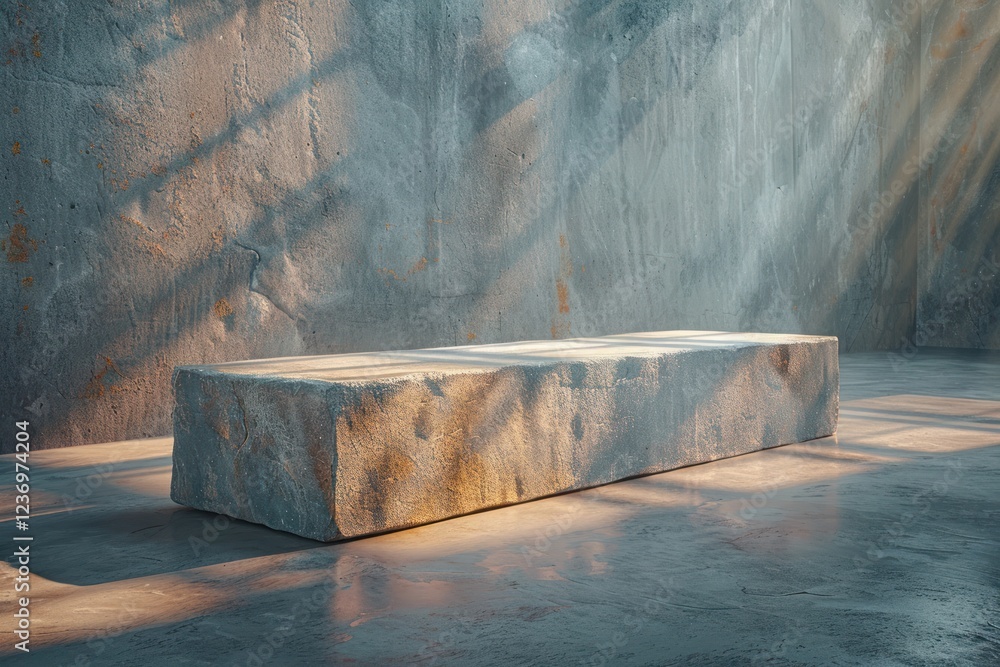 Poster a concrete block rests on a clean surface, illuminated by soft natural light creating gentle shadows