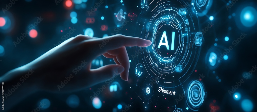 Poster hand interacting with ai interface showing shipment data.