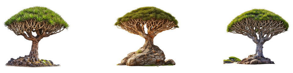 Socotra dragon tree isolated on transparent background, PNG, Set of