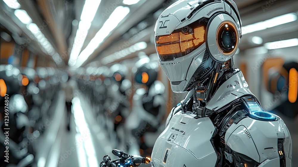 Poster futuristic robots poised in a sleek subway environment, showcasing advanced technology and design