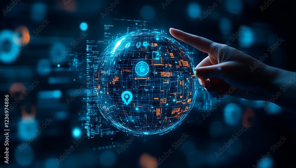 Poster hand interacts with a digital globe showing global network connections and data flow.