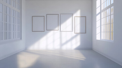 Empty room with white wall and four white empty frames 3d render illustration. 3D Illustration