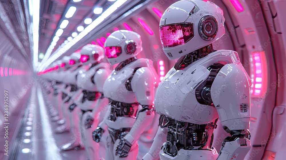 Aufkleber robots stand in a futuristic corridor illuminated by pink lights in a sci-fi setting