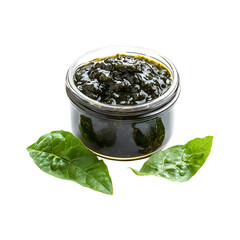 Sorrel Leaf Gongura Chutney Jar with Basil Leaves Isolated on Transparent Background