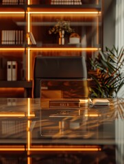 A polished glass nameplate sits on an executive desk, reflecting soft light in a contemporary office setting