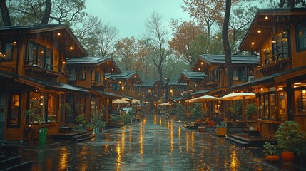 Rainy Day at the Cozy Wooden Village Resort