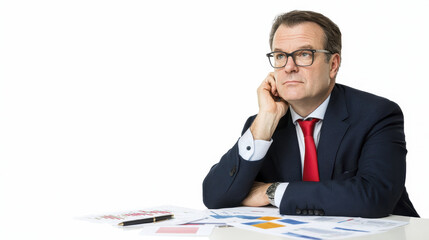 Businessman in suit pondering over financial reports and charts