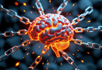 Fototapeta premium A human brain encased in chains, symbolizing mental health struggles, anxiety, or feeling trapped.