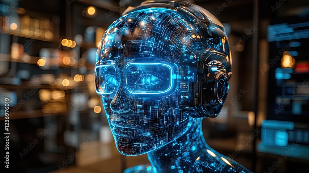 Poster high-tech robotic head with futuristic design and glowing features in a modern digital environment