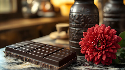 Dark chocolate bar, red flower, pottery, kitchen counter