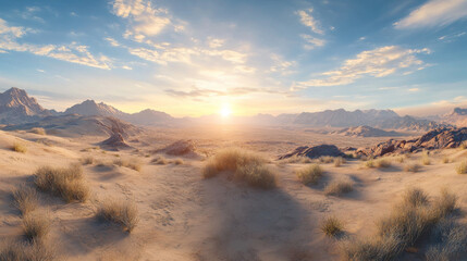Fototapeta premium Sun over desert landscape 360 panorama vr environment map. 3D Illustration