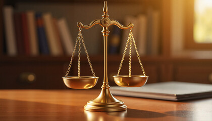 Elegant golden scales of justice on lawyer’s desk, symbolizing fairness