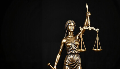 Bronze Lady Justice statue holding scales against dark background, fairness