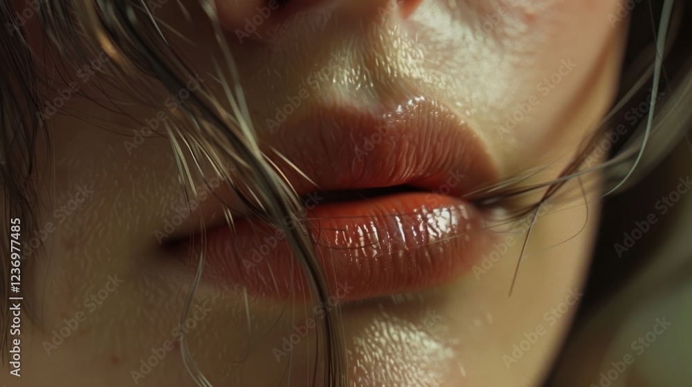 Poster close-up of lips slightly parted, capturing a moment of uncertainty with a soft glow that evokes emo