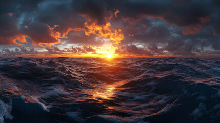 Dark clouds over a vast body of water at sunset 360 panorama vr environment map. 3D Illustration