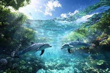 Fototapeta premium Enchanting underwater world with playful dolphins coral reefs gigapixel adventure ocean vibrant colors childlike wonder