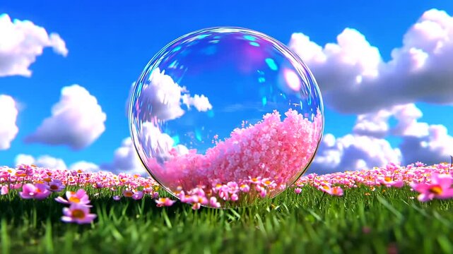 Colorful bubble over pink flowers in a sunny landscape