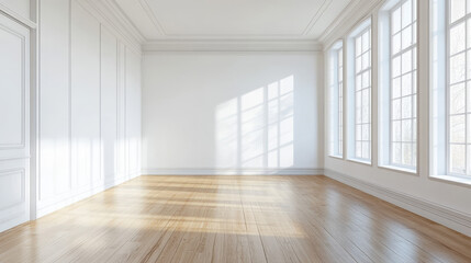 Obraz premium An empty room with white walls and wooden floors 3d render illustration. 3D Illustration