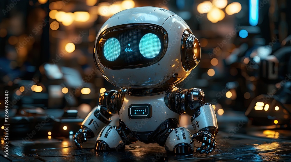 Poster small robot with glowing eyes explores a futuristic workshop filled with advanced technology and bri