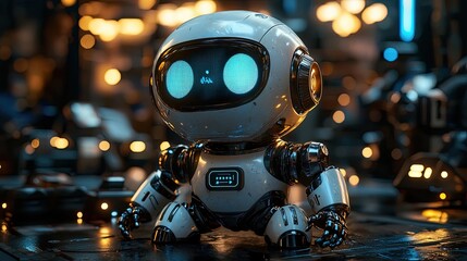 Fototapeta premium Small robot with glowing eyes explores a futuristic workshop filled with advanced technology and bright lights