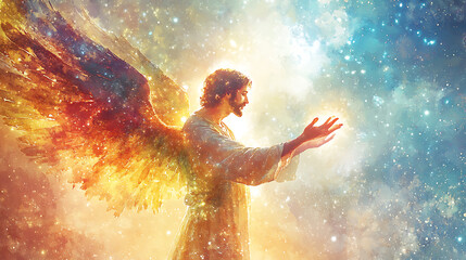 Naklejka premium A tranquil scene of an angel with glowing wings outstretched, gesturing softly toward Saint Joseph, divine light filling the sacred moment