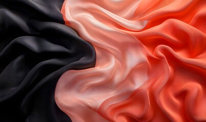 Coral and black fabric texture, draped folds, close-up, background blur, textile design