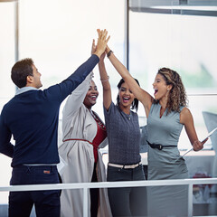 Staff, high five and support diversity in workplace, collaboration and group of people in media...