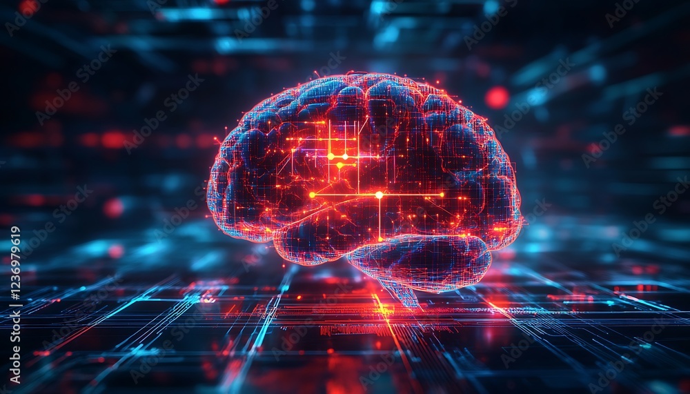 Poster digital brain model with glowing nodes and circuits.