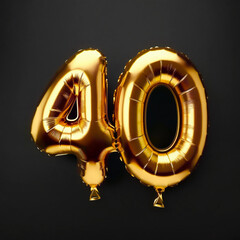 Golden balloon with the number 40 on a black background, birthday and holiday concepts