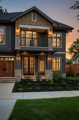 Fototapeta premium Luxury Modern Home Exterior at Dusk: Elegant Stone and Wood Design