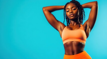Fototapeta premium Athletic Woman Posing In Orange Sportswear Against Blue Background