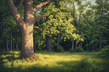 Fototapeta premium Sunlit oak in summer forest glade, peaceful nature scene. Ideal for nature documentaries or calming backgrounds.