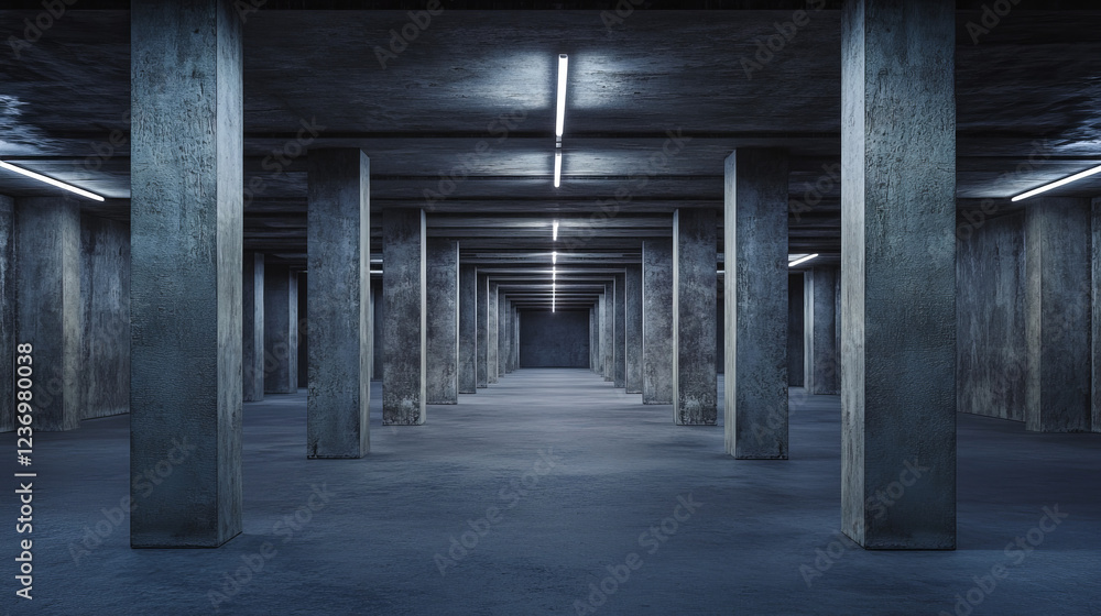 Poster dark empty concrete hallway with big columns abstract hall 3d render illustration