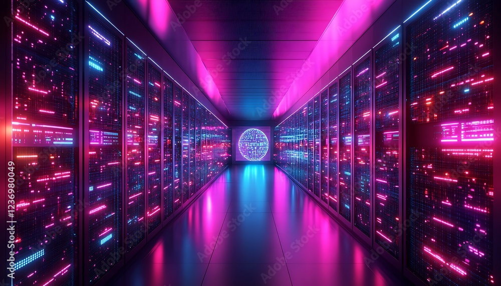 Aufkleber neon-lit server room with glowing data streams and a central digital globe.