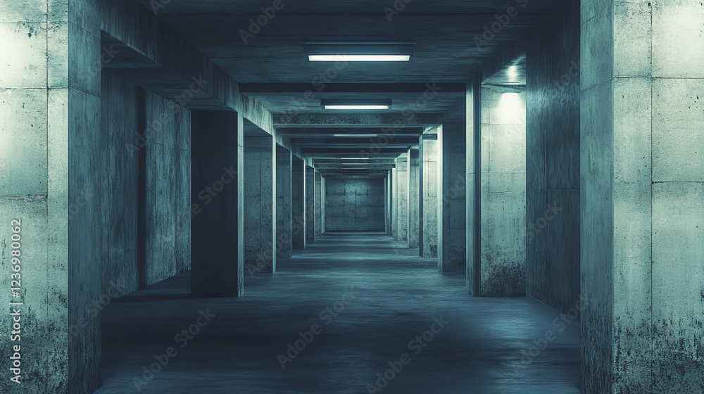 Poster dark empty concrete hallway with big columns abstract hall 3d render illustration
