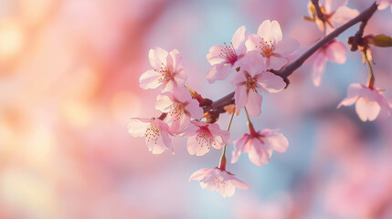 A close-up of delicate cherry blossoms blooming on a tree branch against a soft-focus pastel sky, symbolizing spring's arrival and renewal. Gentle sunlight enhances the petals.