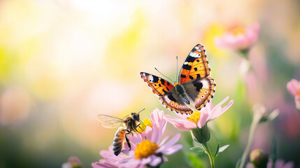Obraz premium A vibrant butterfly lands on a blooming flower as a bee collects nectar nearby. The scene captures the essence of spring with warm sunlight and a bokeh background.
