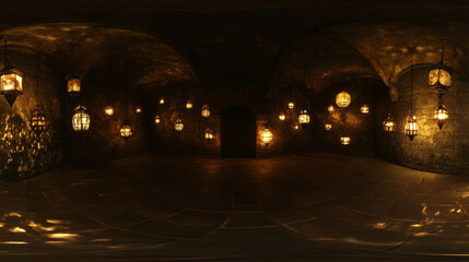 Fototapeta premium Dark Room With Multiple Wall Lights 360 panorama vr environment map. 3D Illustration