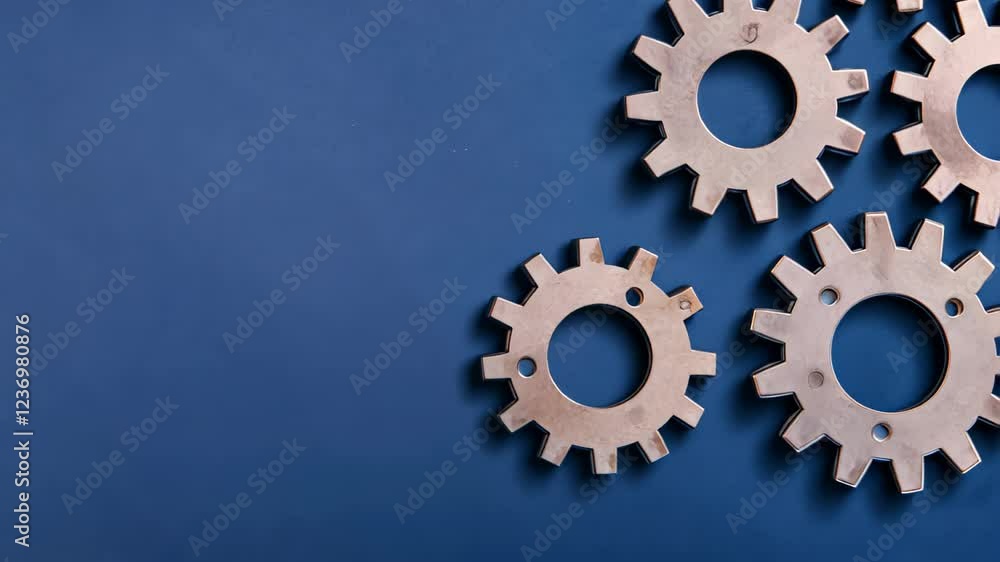 Poster collaborative teamwork with metallic interlocking gears on blue background highlighting coordination