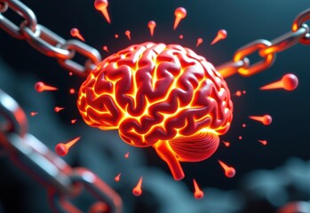 Fototapeta premium A human brain encased in chains, symbolizing mental health struggles, anxiety, or feeling trapped.