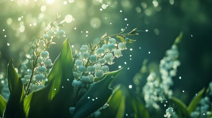 A bouquet of lily-of-the-valley, transparent white flowers, known as 'lilies'. They grow in meadows and on mountainsides, their small bell-shaped blossoms looking like little pearls.