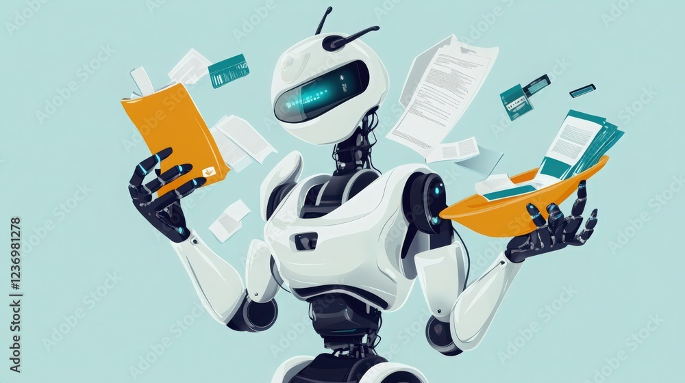 Aufkleber robotic assistant efficiently managing documents in a futuristic office setting